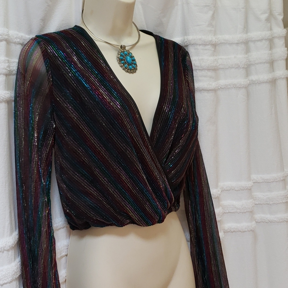 Bling sexy rhinestone crop glitter colorful top bell sleeves